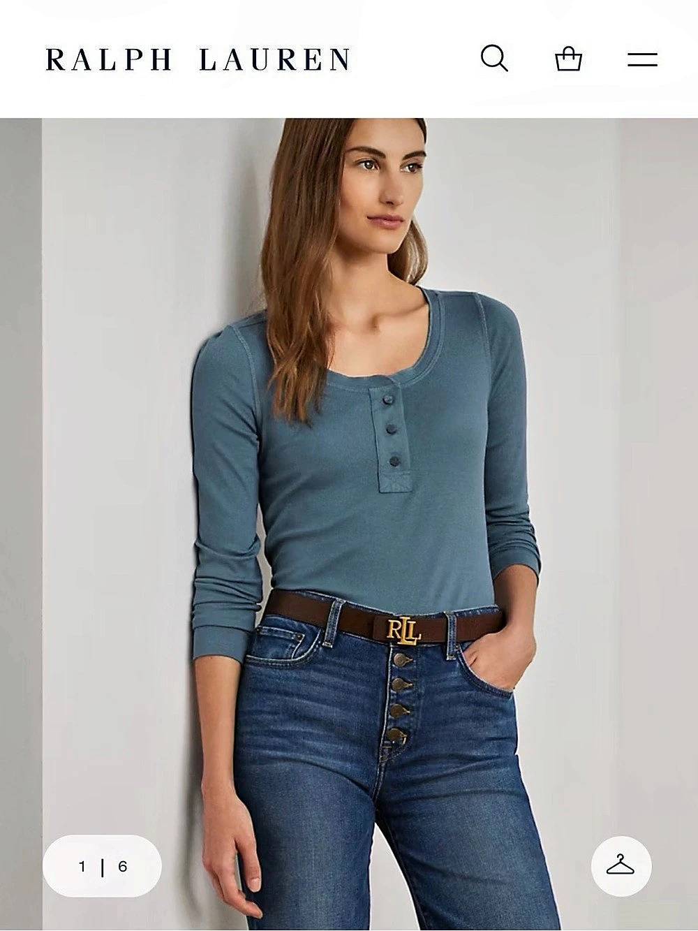 Stretch Cotton Long Sleeved Henley Tee, Blue Dusk